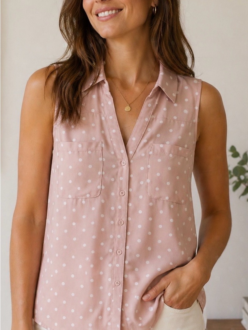 Express Sleeveless Blush Pink Polka Dot Button-Down Shirt